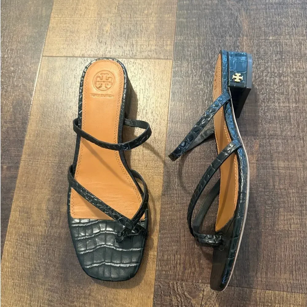 Tory Burch Croc Embossed Slide Sandals Black Leather Size 8M